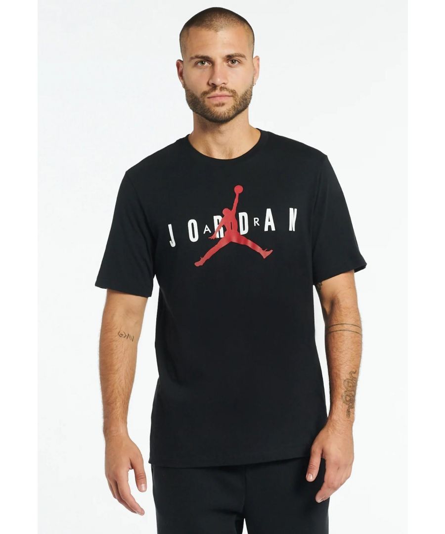 Nike Air Jordon Mens T Shirt in Black.         \nMade with Soft Cotton and Nike Graphics.      \nThis T Shirt Offers You all day Comfort.      \nCrew Neck, Short Sleeves.      \nUsing Soft Cotton for a Fell that’s ideal as a layer or on its own.