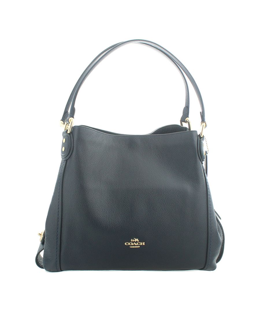 Coach Edie 31 Pebbled Leather Navy Shoulder Bag has been crafted from luxurious polished pebble leather. The main compartment has three fully lined sections the middle one is zipped, additionally there is a slip pocket for your mobile and a smaller zipped pocket for other personal items. Furnished with two handles and finished with a Coach luggage tag and Coach branding