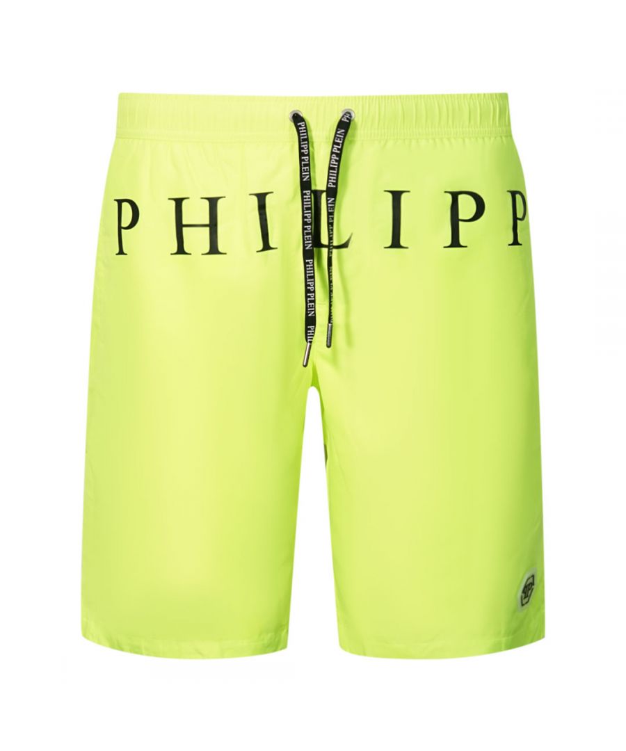 Philipp Plein Mens Brand Logo Fluorescent Yellow Swim Shorts - Size Small