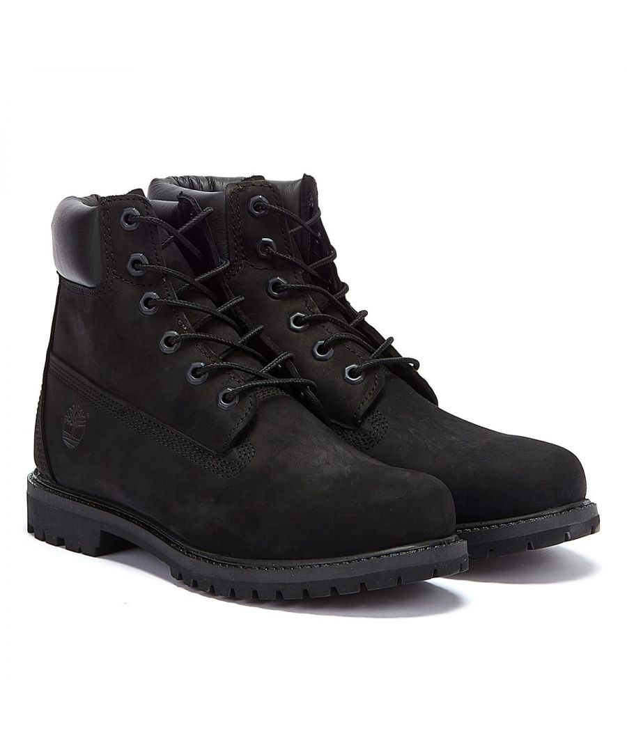 Black 6 inch classic leather Timberland boots. The all black style have laces, good grip rubber sole, waterproof material, cushioned ankle and neat stitching.\nMaterial:upper - leather, lining - textile, sole - rubber