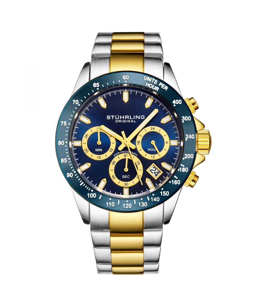 Men's Quartz Chronograph Date Watch, Silver Case, Blue Dial, Silver and Gold Tone Stainless Steel Bracelet