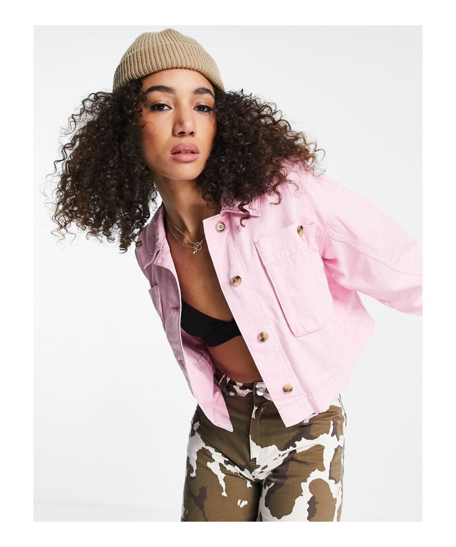 Shacket by Topshop Throw-on appeal Spread collar Button placket Chest pockets Cropped length Regular fit Sold by Asos