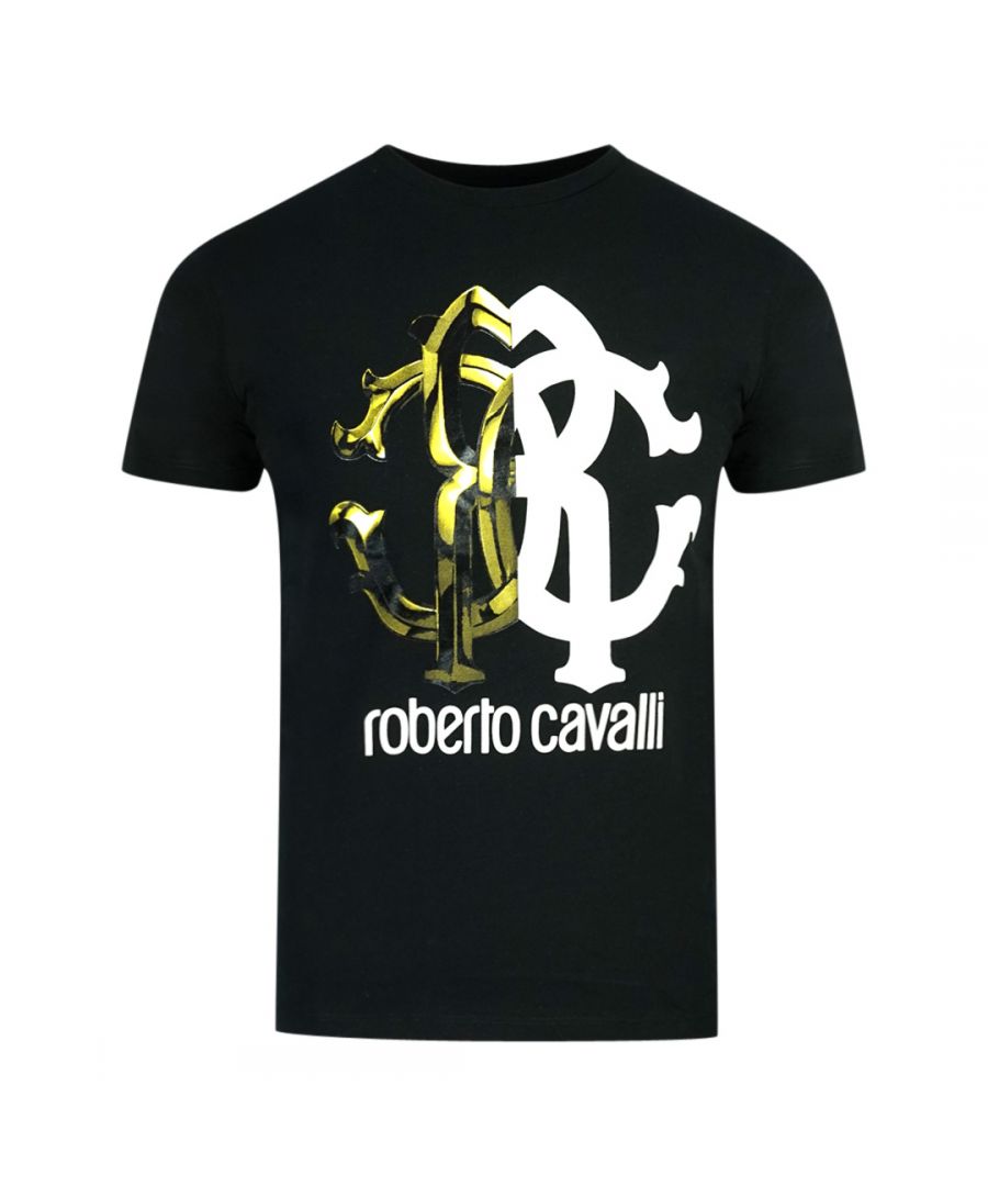 Roberto Cavalli zwart T-shirt met monogramprint en logo. Roberto Cavalli zwart T-shirt. 100% katoen. Groot motief op de voorkant van het T-stuk. Ronde hals. Stijl: IST61G JD060 D4483