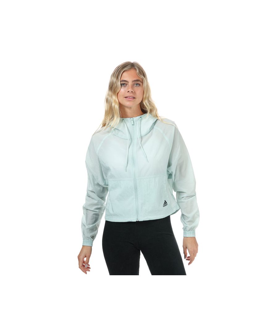 Womens adidas Badge Of Sport Woven Jacket in green.- Full zip with hood and stand-up collar.- Long sleeves.- Full zip fastening.- Front zip pockets.- Elastic cuffs.- Shaped hem.- adidas Badge of Sport on back.- Main Material: 100% Nylon.  Machine washable. - Ref: FR5128