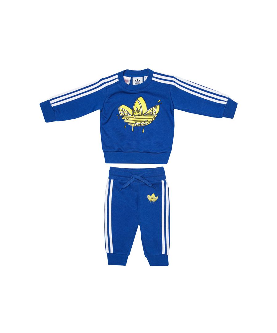 Baby adidas Originals Graphic Trefoil  Crew Set in royal white.- Sweatshirt:- Ribbed crewneck.- Long sleeves.- Ribbed cuffs and hem.- Large lemon Trefoil logo printed to front.- Regular fit.- Pants: - Drawcord on elastic waist.- Lemon Trefoil logo printed at left thigh.- Regular fit.- Main Material: 70% Cotton  30% Polyester (Recycled). Rib Part: 95% Cotton  5% Elastane. Machine washable. - Ref: GN4140