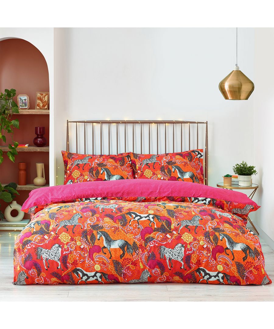 Inspired by the classic Hermes scarf, this colourful duvet cover and pillow case set is not only striking and fashionable, it is also a fantastic centre piece for any room, sure to give any scheme a new lease of life. The tones of orange and pinks paired with pops of purple and green, finished off with a luxe gold rope.