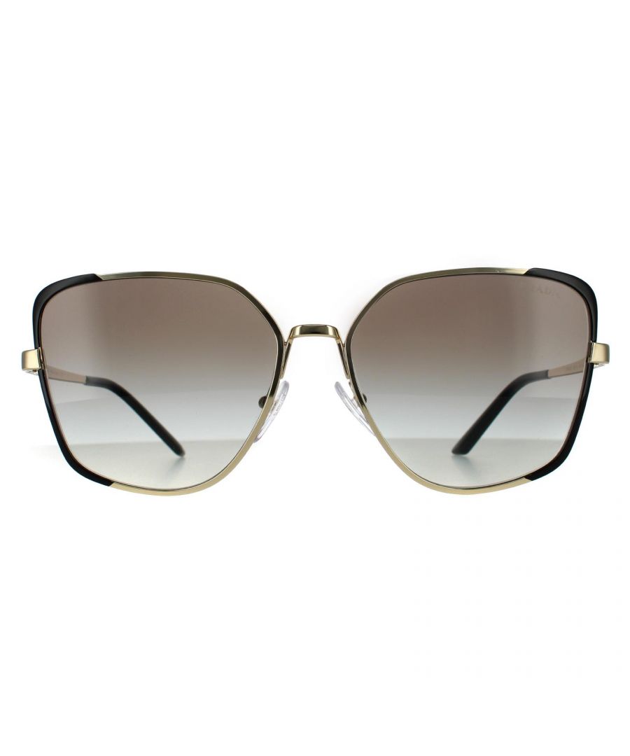 Prada Rectangle Womens Pale Gold and Black Grey Gradient Sunglasses Prada are a oversized square frame front crafted from lightweight acetate. The flat Metaltemples feature an engraved Prada logo for brand authenticity.