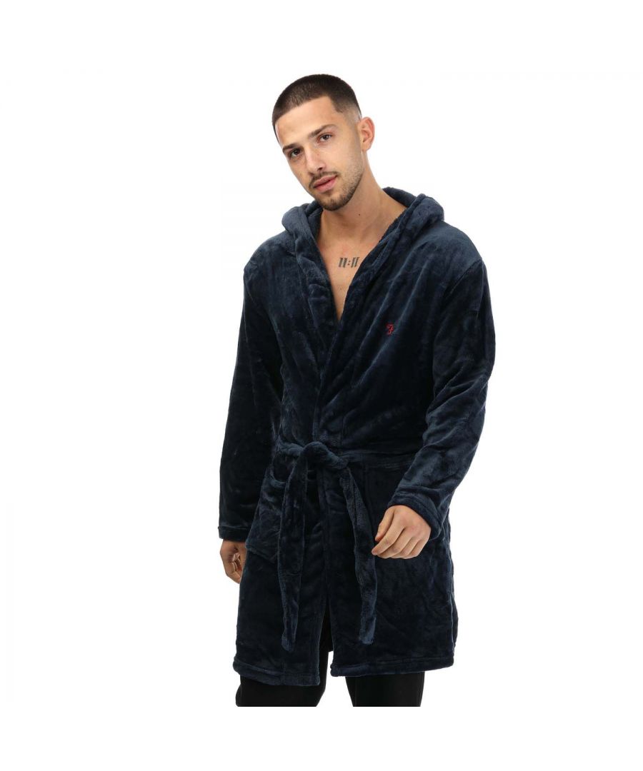 Mens Farah Frazier Dressing Gown in navy.- Hooded.- Full length sleeves.- Two pockets.- Tie belt.- Longline style.- 100% Polyester.- Ref: FR2P116988