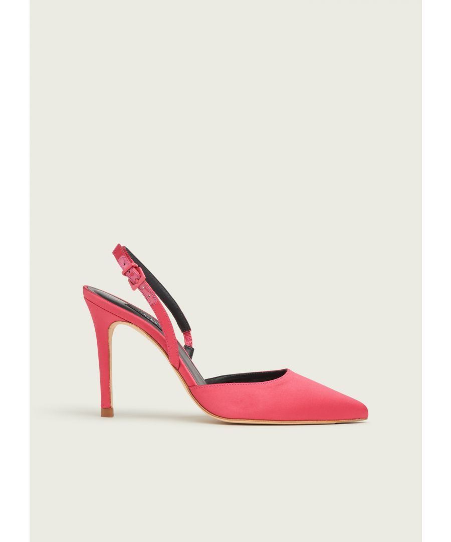 The perfect shoe for the festive season and beyond, our Hayden slingback courts are crafted in Spain from lustrous hot pink satin. They have a pointed toe, single sole, a slingback with buckle and elastic detail for a great fit and an 80mm stiletto heel. Sleek, chic and definitely a statement pair of heels, wear them to liven up tailoring or with your favourite dresses when you're ready to get dressed up.