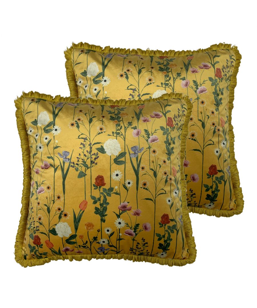 A beautiful and bold hand-painted botanical print, Fleura features delicate stems of soft petalled flowers on a plush ochre velvet. Finished with soft looped fringe trim, this cushion is an eye-catching accessory suitable for any space.