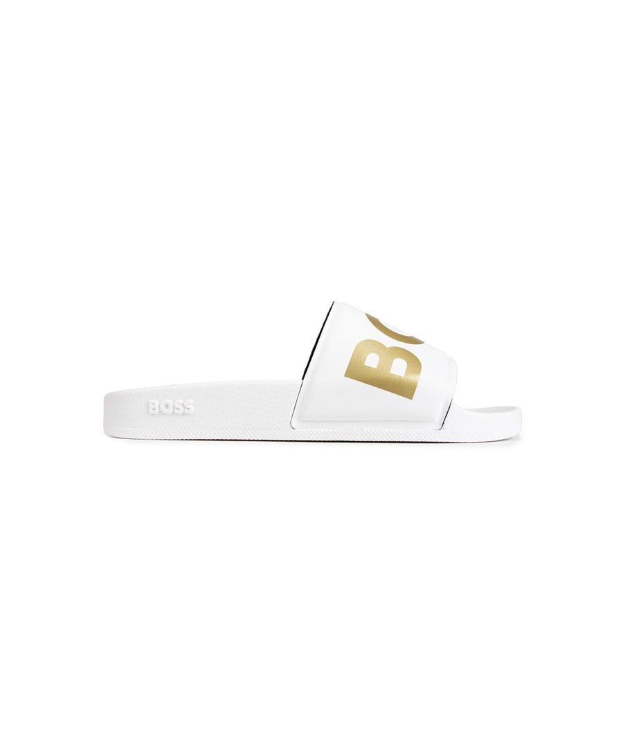 Womens white Boss sean sandals, manufactured with synthetic and a rubber sole. Featuring: none slip sole, large logo and padded insole.