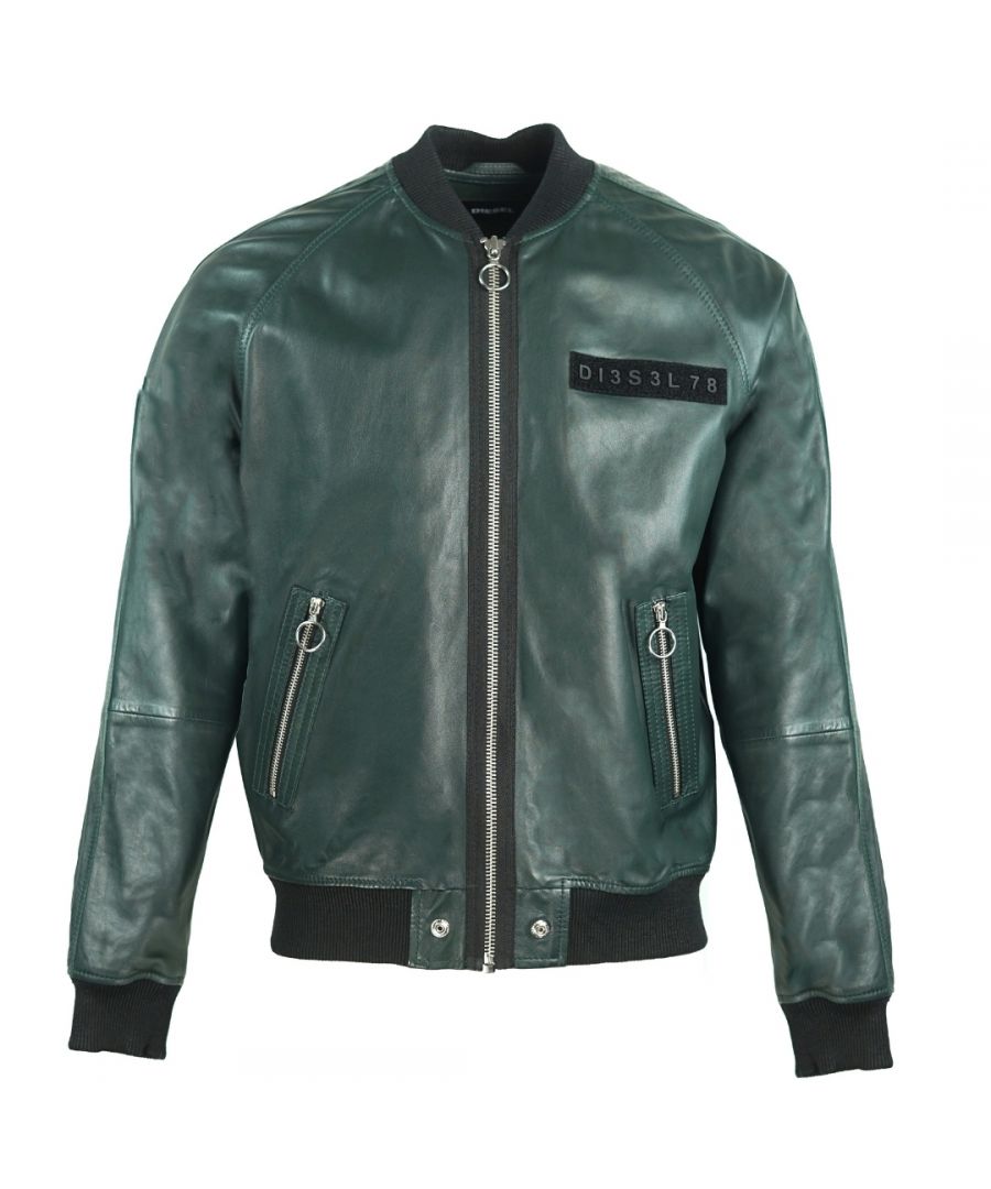 Diesel L-Pins-A Green Leather Bomber Jacket. Diesel L-Pins-A 5HZ Green Leather Bomber Jacket. Central Zip Closure. 2 Zip Closure Front Pockets. Regular Fit, Fits True To Size. 100% Sheepskin Leather