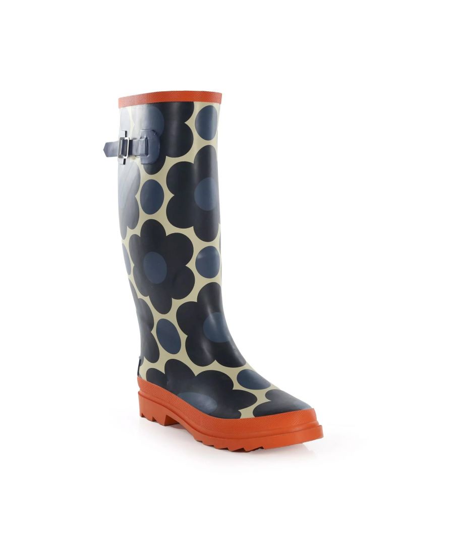 Upper: Rubber. Lining: Faux Fur, Polyester. Outsole: Traction Grip. EVA Footbed. Fabric Technology: Hardwearing, Waterproof. Square. Cut: Mid Calf. Design: Contrast Detail, Flower Pop, Logo, Printed. Toe Style: Round. Fastening: Adjustable Buckle. Fit: Standard.