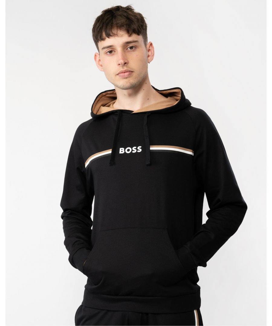 Boss Orange Authentic Mens Pullover Cotton-Terry Loungewear Hoodie with Logo and Stripes - Black - Size Medium