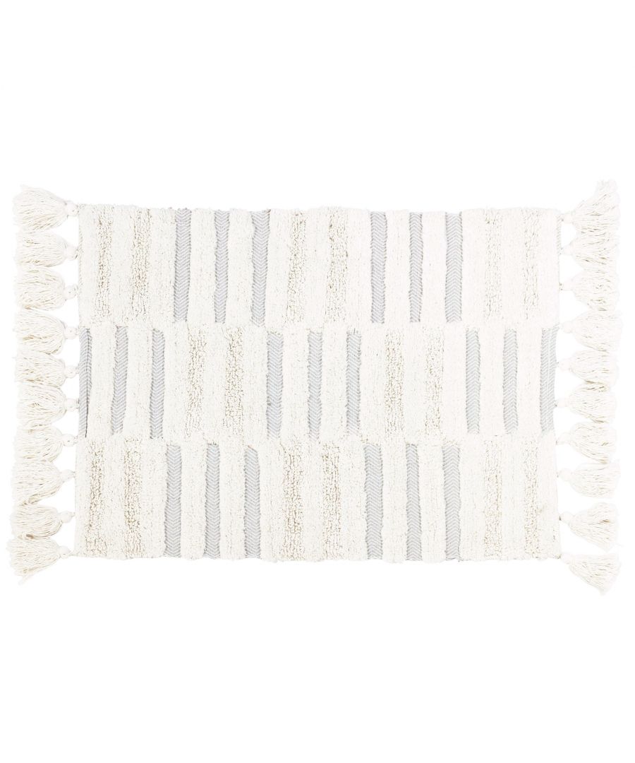 Featuring a herringbone tufted design, complete with thick tasselled edges. Made from 100% Cotton, making this bath mat incredibly soft under foot. This bath mat has an anti-slip quality, keeping it securely in place on your bathroom floor. The 1800 GSM ensures this bath mat is super absorbent preventing post-bath or shower puddles.