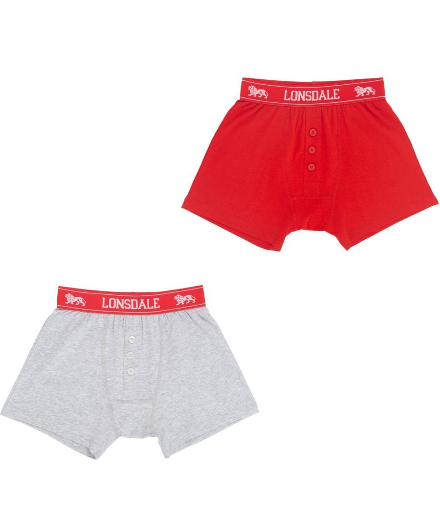 Lonsdale 2 Pack Boxers Junior - The Lonsdale 2 Pack Boxers offer a comfortable fit thanks to the stretch construction and elasticated waistband. These Kids Boxers also benefit from a two-button fly and flatlock seams to reduce the chance of any irritation - finished with Lonsdale branding for a sporty cool look. > Fabric: Cotton > Pattern: Plain > Rise: Mid Rise > Fastenings: Elasticated Waist > Category: Underwear > Style: Boxers > Pack Size: x2