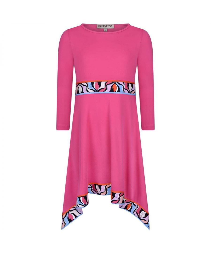 Long sleeve silk dress by Pucci with a scooped neckline, signature patterned design on the waist and hemline.