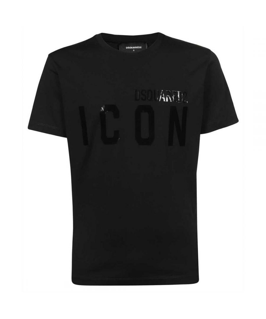 Dsquared2 Zwart Monotoon ICON Zwart T-shirt. D2 zwart T-shirt met korte mouwen. Glanzende zwarte pictogramafdruk. 100% katoen, gemaakt in Portugal. Ronde hals, normale pasvorm op maat. S79GC0036 900