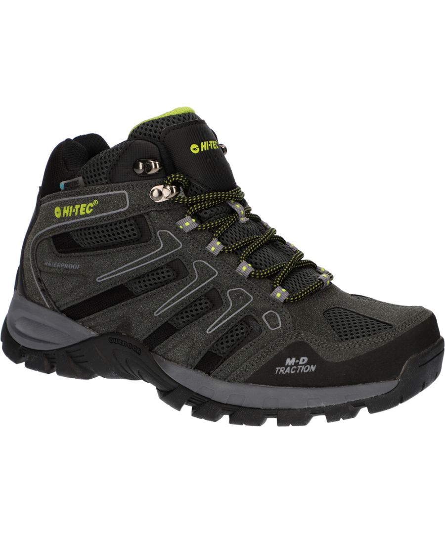 Womens  Hi- Tec Torca Mid Waterproof Walking Boots in charcoal.- Lightweight durable synthetic and mesh upper.- Lace closure.- Mesh upper detail.- Padded heel and ankle collar.- Dri-Tec waterproof  breathable membrane keeps feet dry.- Lightweight  durable ‘fork shank’ ensures flexibility and stability.- Compression-moulded EVA midsole for cushioning and comfort.- M-D Traction rubber outsole improves grip and provides durability.- Ref: O01251051