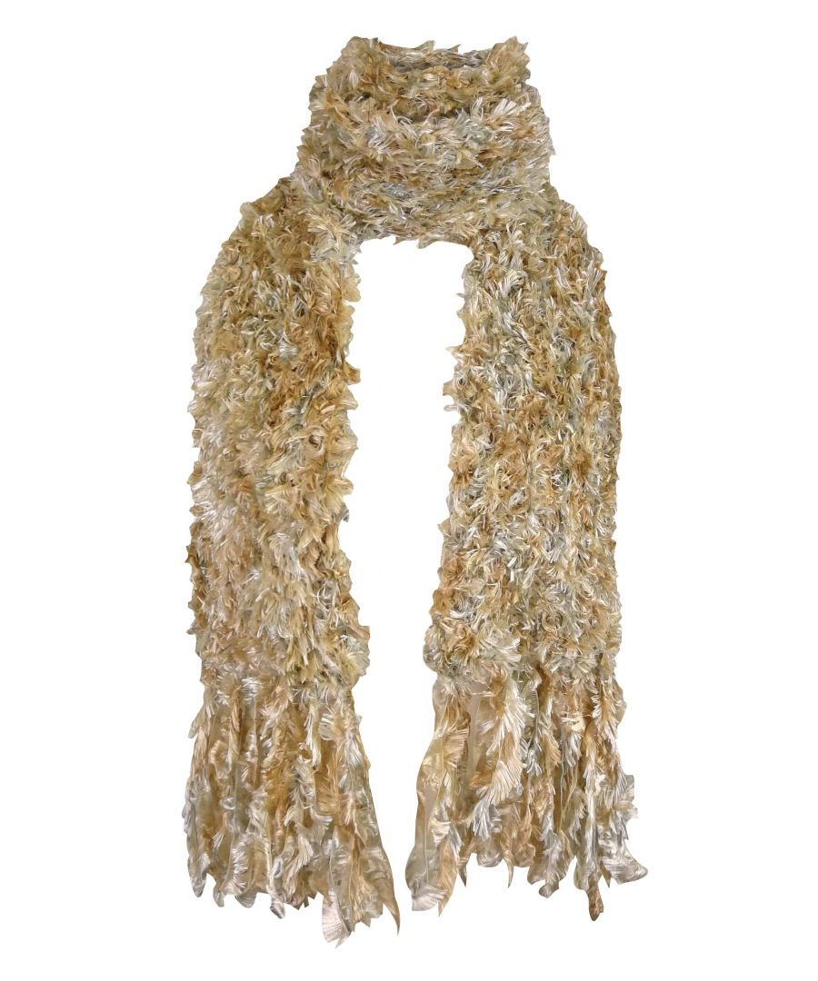 Ladies Polyester Feather Scarf   If you are looking for a scarf to use as a fashion statement as well as keeping you mildly warm then these ladies 100% polyester scarves are a choice for you to consider.   These scarves are made with a feather style creating a distinct look. They are knitted with lots of different colours, some have the same colour feathers throughout like the cream or purple styles. Some are mixed such as the cream and brown style. In total there are 7 fashionable colours to choose between. They are an ideal gift or a great stocking filler for Christmas time.   These scarves are a regular length and are available in 7 colours. They are made from 100% polyester and they are machine washable.   Extra Product Details   - Ladies Scarfs  - 100% Polyester  - Feather Style  - Fashionable  - 7 Colours  - Ideal Gift  - Machine Washable