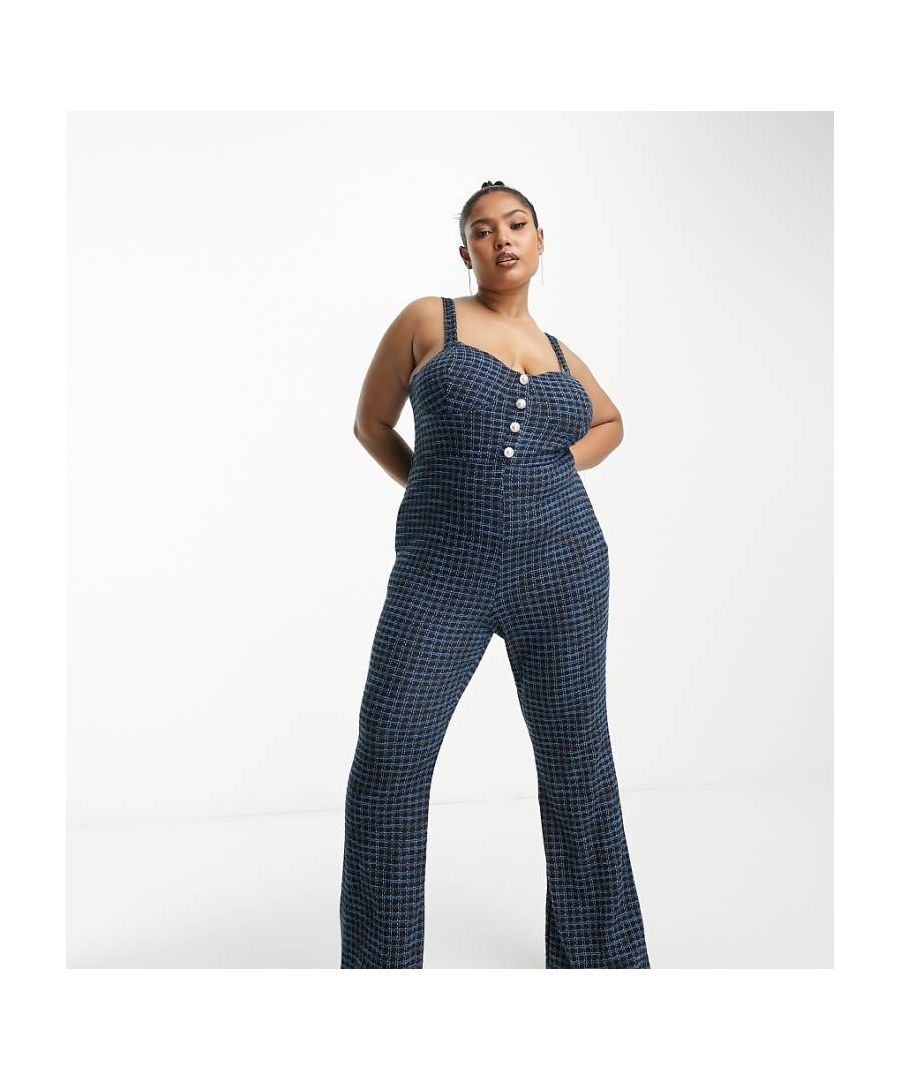 Asos Curve Womens Design Boucle Button Front Jumpsuit With Flare Leg In Houndstooth-Multi - Multicolour - Size 16 Uk