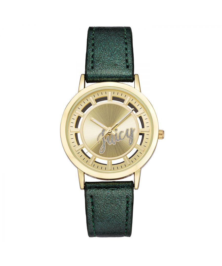 Juicy Couture Watch JC/1214GPGN\nGender: Women\nMain color: Gold\nClockwork: Quartz: Battery\nDisplay format: Analog\nWater resistance: 0 ATM\nClosure: Pin Buckle\nFunctions: No Extra Function\nCase color: Gold\nCase material: Metal\nCase width: 36\nCase length: 36\nFacing: Rhine Stone\nWristband color: Green\nWristband material: Leatherette\nStrap connecting width: 18\nWrist circumference (max.): 20.5\nShipment includes: Watch box\nStyle: Fashion\nCase height: 9\nGlass: Mineral Glass\nDisplay color: Creme\nPower reserve: No automatic\nbezel: none\nWatches Extra: None