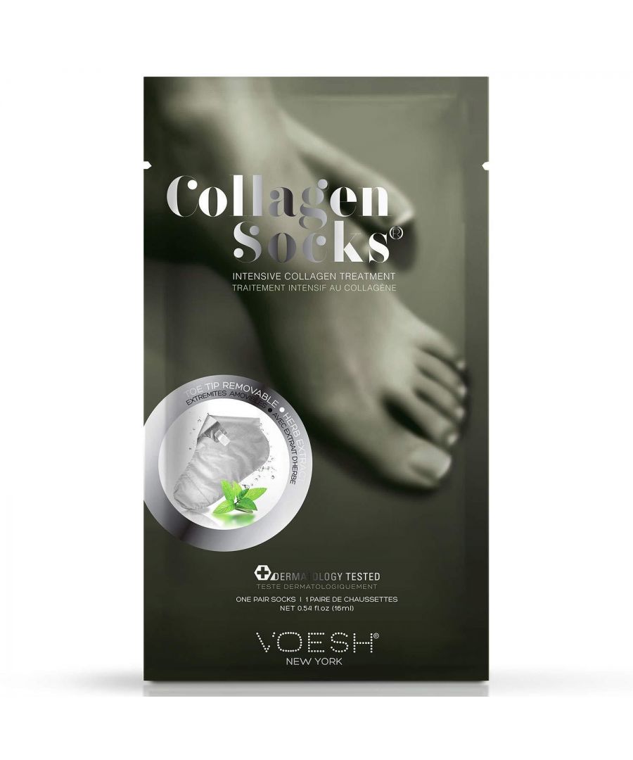Voesh New York Collagen Foot Mask Socks with Peppermint Oil 16 ml.  VOESH UV protective foot mask socks bring innovation to pedicure treatment. Each Mask is pre-loaded with argan oil and collagen-rich emulsion to penetrate and moisturize the skin. When ready to have your pedicure, simply remove the tips of the toes along the perforated pre-cut lines.  Made with a micro-thin dual layered material. Protects up to 98.9% of UV rays. Save time by moisturizing your feet while getting a pedicure. Great for softening calluses. Patent Pending.  Enriched With Collagen & Peppermint Oil.  \n\nYOU DO NOT NEED\nMassage Lotion\nParaffin Wax