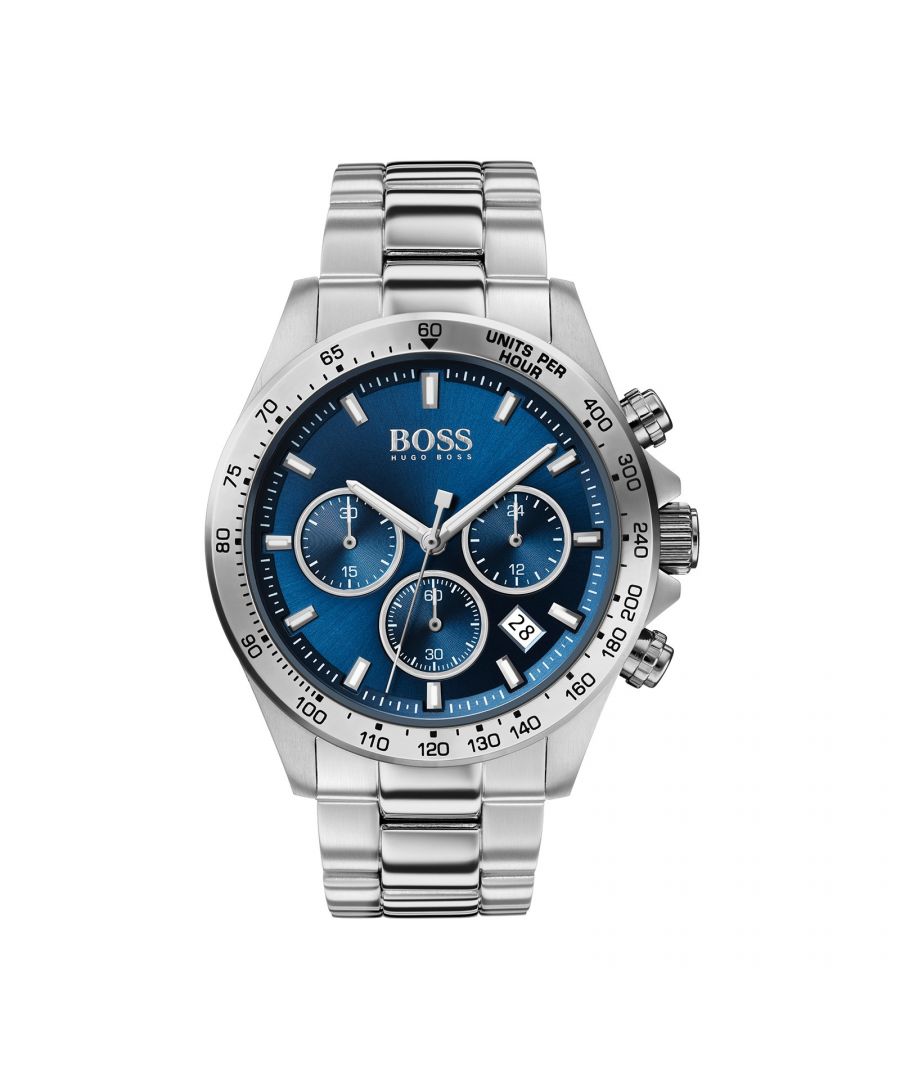PRODUCT INFO\t\t\tCase Diameter: 43mm\tCase Material: Stainless Steel\t\t\tWater Resistant: 50 Metres\tMovement: Quartz (Battery)\tDial Colour: Blue\t\t\tStrap Material: Stainless Steel\tClasp Type: Hidden Clasp\t\t\tGender: Male\tDESCRIPTION\t\t\t\t\tThis Hugo Boss Mens watch is complete with a Japanese Quartz movement and chronograph function.\t\t\t\t\tIt will add a little bit of elegance and sophistication to the office complementing your crisp suit and tie. Undeniably stylish with a blue dial and fastens with a stainless steel bracelet.  \tFREE Home Delivery - Including Next Day Service*\tAvailable for gift wrap\tReturns policy