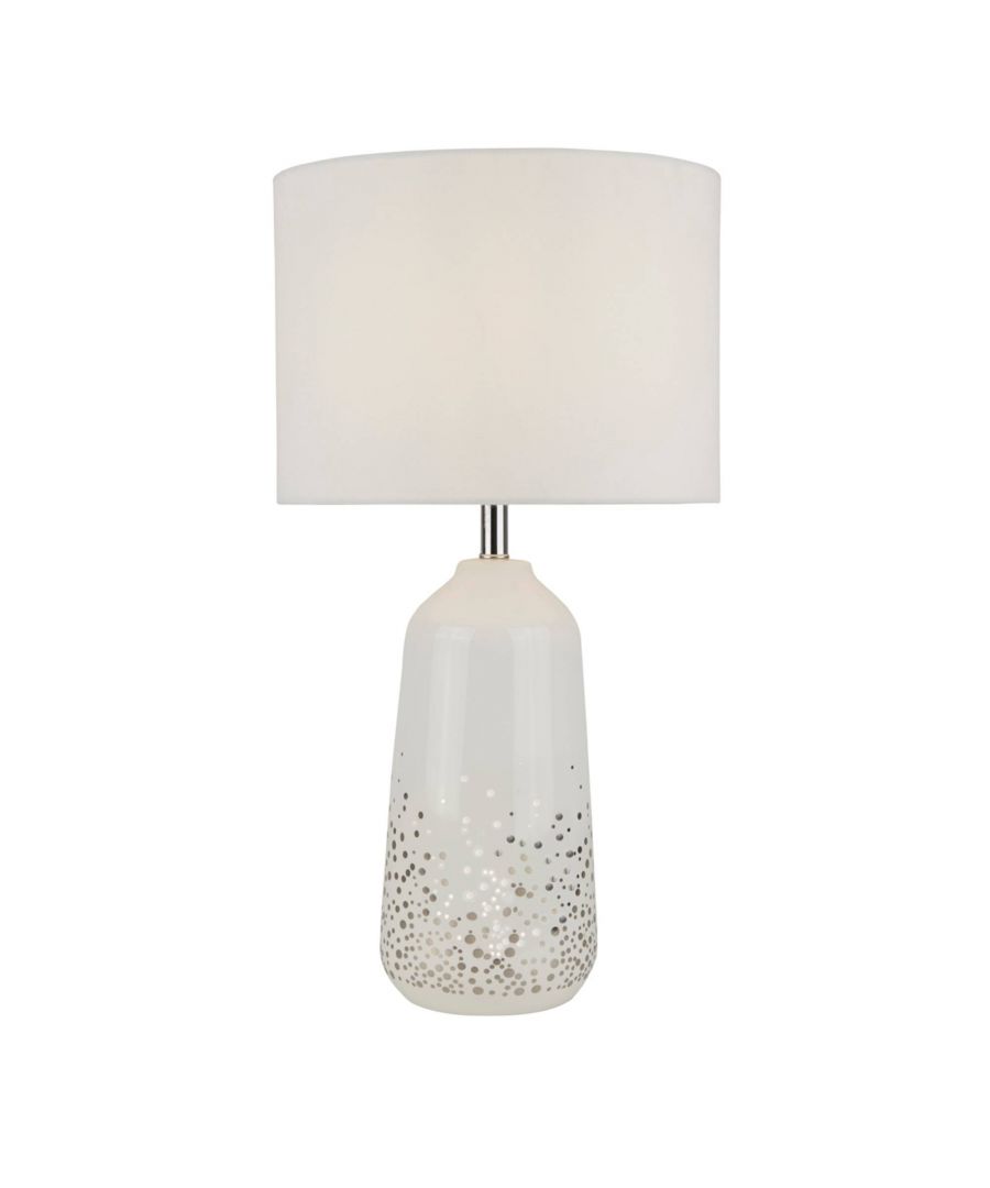 Contemporary table lamp boasting a white ceramic base with chrome speckled detailing\n\nHeight: 55cm \nDiameter: 30cm \nMaximum Wattage: 60w\nLight Bulb: 1 x E27 Light Bulb (Not Included) \n\nA beautiful addition to your home, the Mercer Table Lamp is a gorgeous piece from Pagazzi Lighting. Boasting a white ceramic base and white shade, this table lamp has an added sparkle with polished chrome speckled detailing. A minimal yet stylish table lamp, this piece is perfect for use as a bedside lamp, in hallways or living rooms.