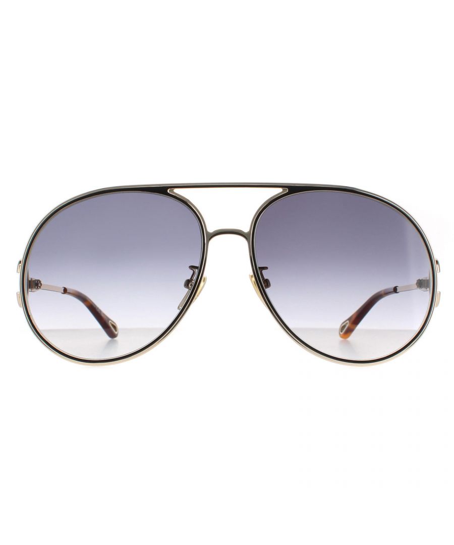 Chloe Aviator Womens Gold Black Grey Gradient CH0145S  Sunglasses are a stylish aviator style crafted from lightweight metal. Silicone nose pads and plastic temple tips ensure all day comfort. The Chloe logo features on the slender temples for brand authenticity.