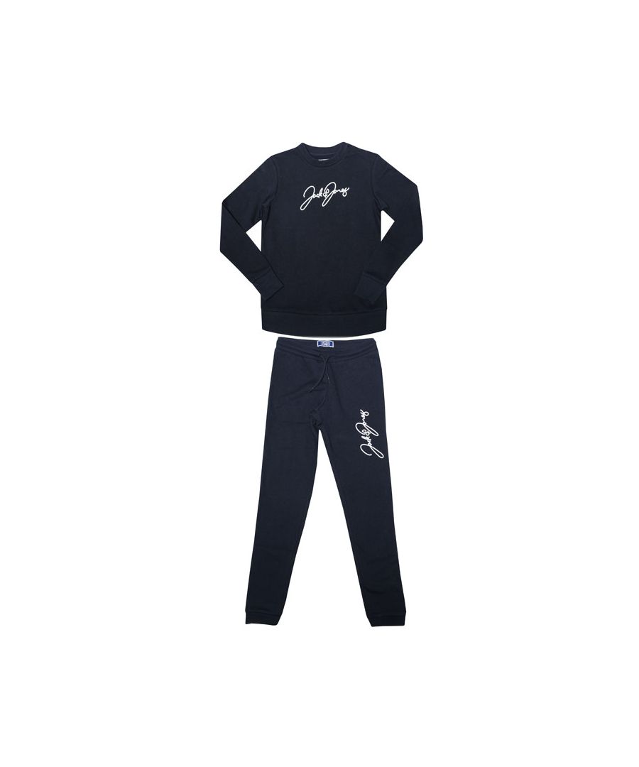 Junior Boys Jack Jones Paul Tracksuit in navy.Sweatshirt:- Ribbed crew neck.- Long sleeves.- Ribbed cuffs and hem.- Script branding.- Main material: 70% Cotton  30% Polyester.  Machine washable. Bottoms: - Elasticated waist with inner drawcord.- Two open side pockets.- Ribbed cuffs.- Script branding.- Main material: 70% Cotton  30% Polyester. Machine washable. - Ref: 12207097A