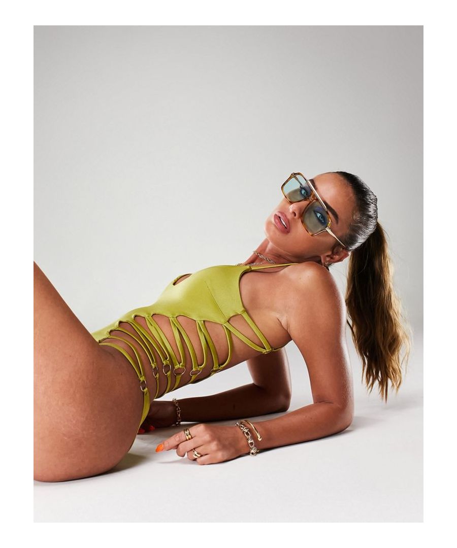 Swimsuit by ASOS DESIGN Summer, styled Plunge neck Open, strappy back Ring details Adjustable straps Brazilian cut Sold By: Asos