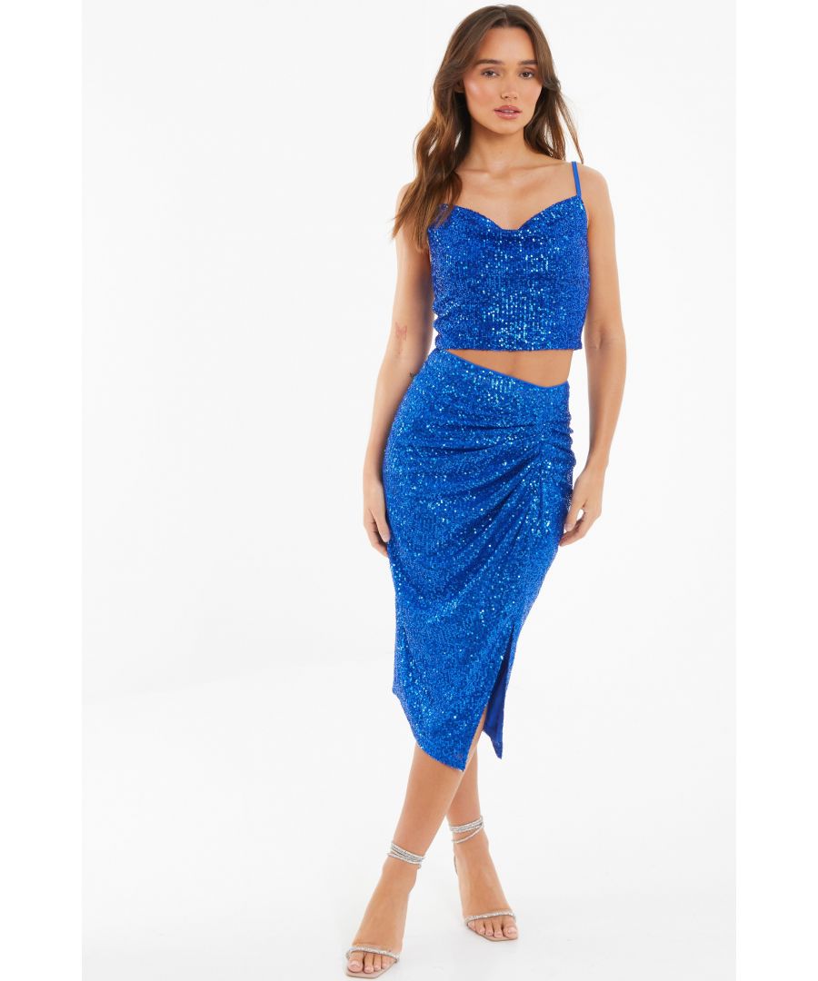 Quiz Womens Royal Blue Sequin Ruched Midi Skirt - Size 10 UK