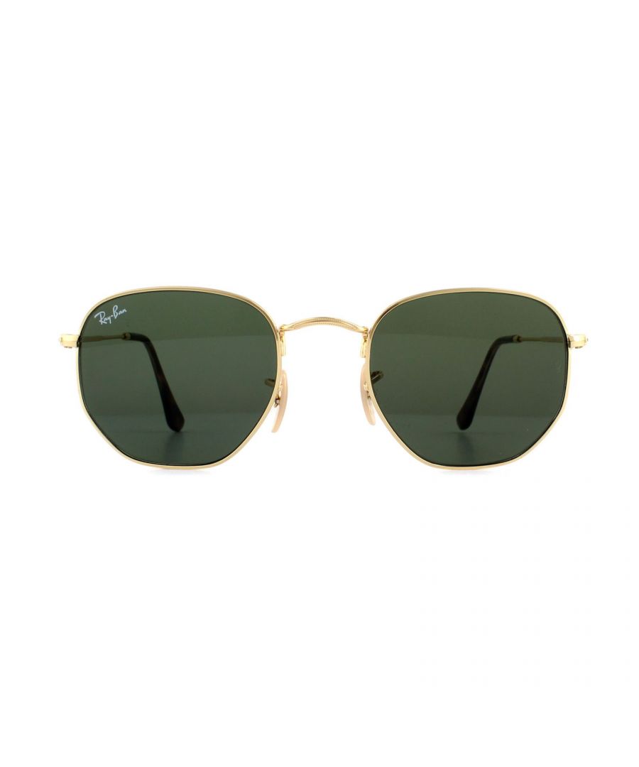 Ray-Ban Sunglasses Hexagonal 3548N 001 Gold Green G-15 are a very unique hexagonal shaped frame and feature the latest flat crystal lenses for a updated version of the classic metal round sunglasses. Super thin temples and coined profile to the frame finish the modern fashionable look.