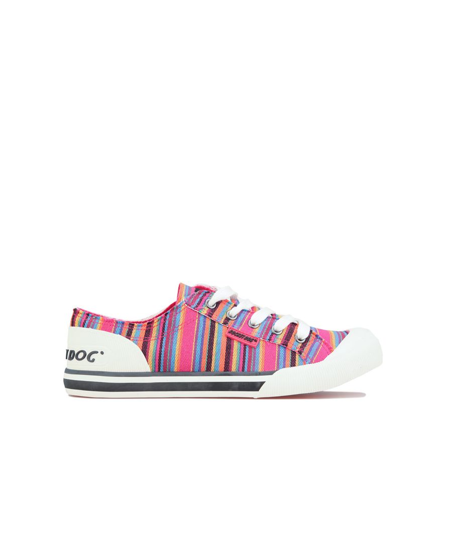 Womens Rocket Dog Jazzin Aloe Stripe Pumps in pink multi.Vulcanized lace up canvas pumps.- Canvas upper with an allover woven stripe design.- Raw edge finish for a vintage look.- White rubber rounded toe.- Comfortable textile lining.- Plush zone cushioned footbed.- Rocket Dog branding at tongue  side and heel cap.- Rubber sole. - Textile and synthetic upper  Textile lining  Synthetic sole.- Ref: JAZZINAE