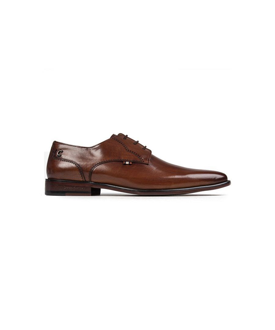 Men's Brown Simon Carter Basset Lace-up Derby Shoe With Smooth Leather Upper Featuring Classic Hand Stitched Detail, Laser Cut Heel Branding, Embossed Tongue, And Woven Striped Vamp Tab. These Premium Formal Shoes Have A Leather Lining, And Dark Brown Embossed Branded Synthetic Sole.