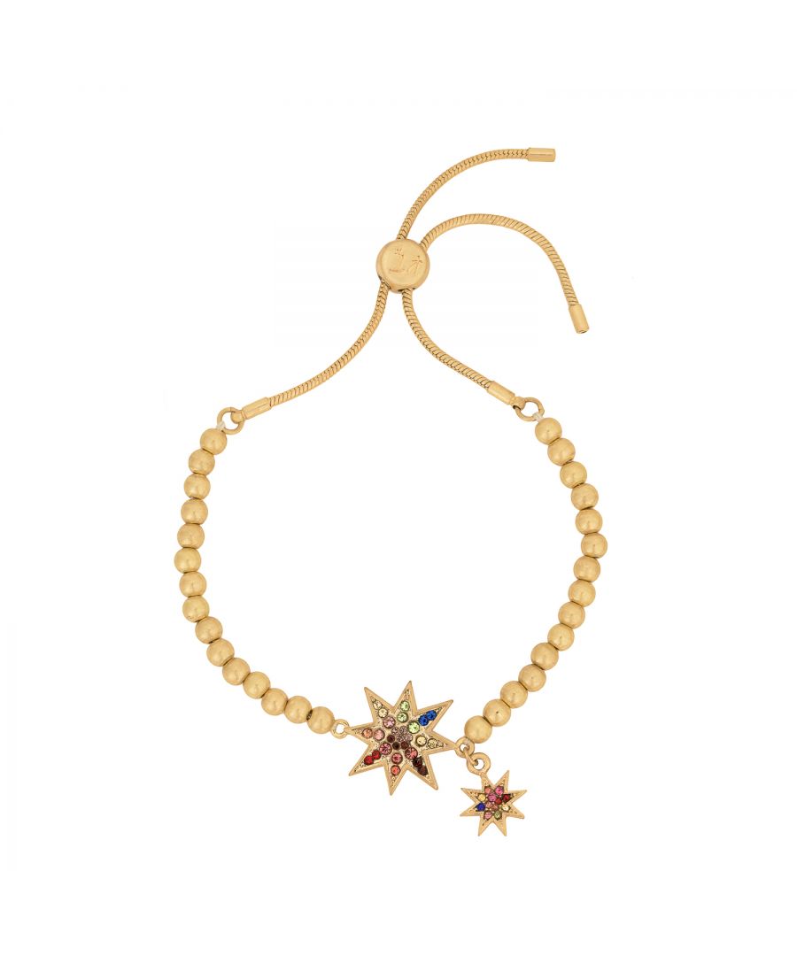 Style that sparkles each time you wear it. Our Kate Thornton gold plated electra star ball bracelet, has two colourful sparkly celestial charms that will complete your look to add that chic sparkle to your style! Wear alone or stack together with your other KTXBB favourites. This will make an exceptional gift for any occasion, or as a little something special for yourself. This gold tone friendship bracelet is 25cm in length and features a slider fastening for ease of wear. Presented in a KTx jewellery pouch to keep your jewellery safe or ideal for gifting!