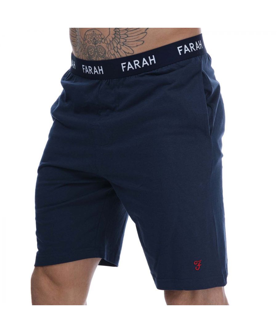 Mens Farah Kileder Lounge Short in navy.- Branded elasticated waistband.- Two side pockets.- Farah branding to the leg.- Regular fit.- Body: 100% Cotton. Machine washable. - Ref: FR2P114195