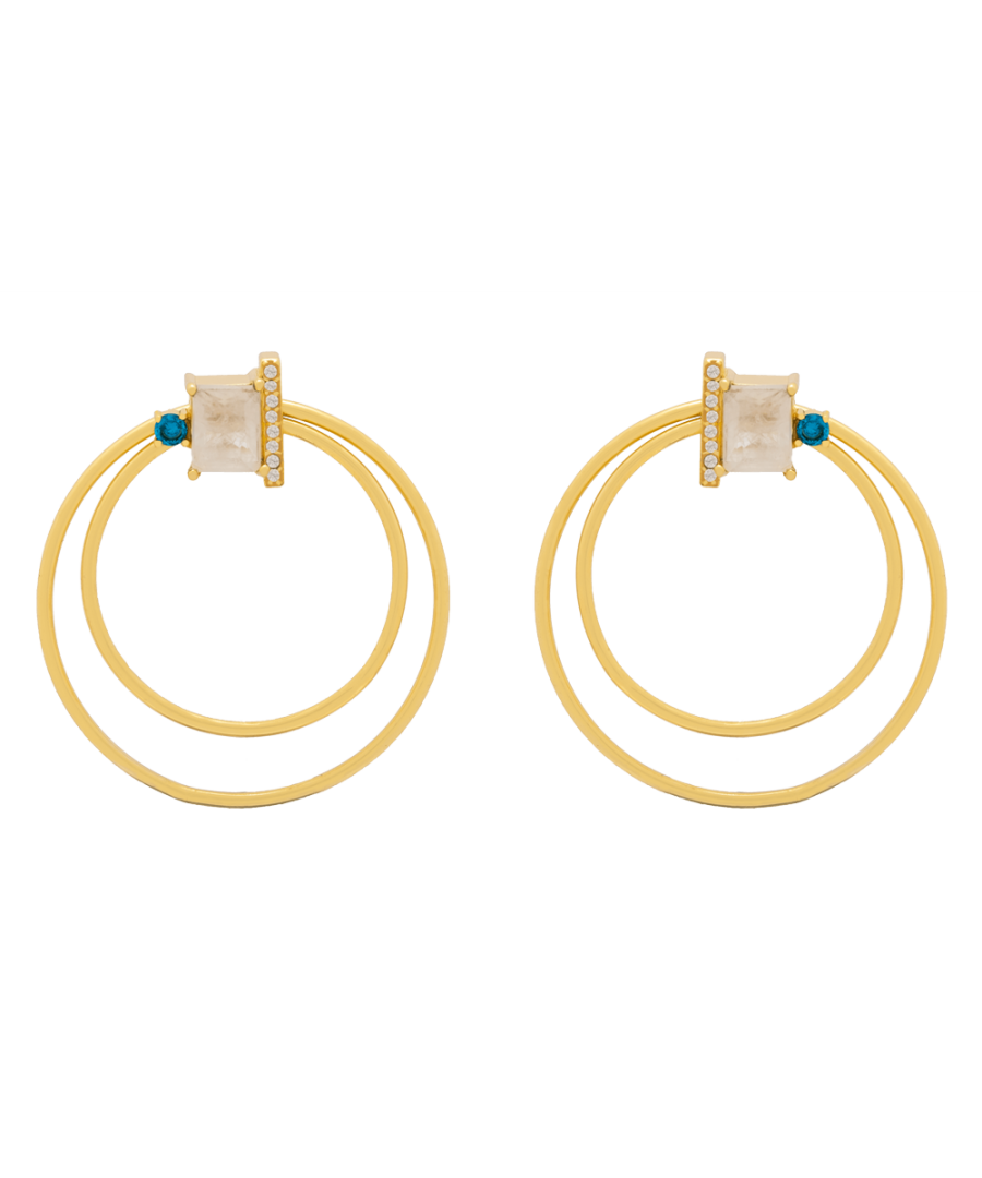 These front rings are joined on the lobe side with rectangular design stones set inside. Versatile in their variety of colours, and a perfect gift for any occasion. Discover the Necklace to make a set. Aquamarine colour.\nStone: Chalcedon.\nComposition: 24 carat gold.\nButterfly closure.