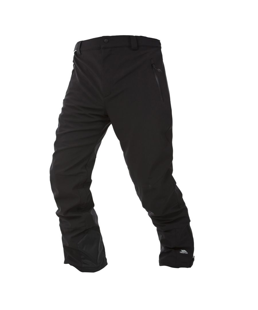 Mens ski trousers. Softshell with fleece back. Waterproof 2000mm. Fully lined. Windproof. Elasticated back waist. Comfort stretch. 3 welded zip pockets. Articulated knee darts. Side ankle zip. Ankle gaiters. Kick patches. Shell: 96% Polyester/4% Elastane TPU Membrane. Lining: 100% Polyamide. Trespass Mens Waist Sizing (approx): S - 32in/81cm, M - 34in/86cm, L - 36in/91.5cm, XL - 38in/96.5cm, XXL - 40in/101.5cm, 3XL - 42in/106.5cm.