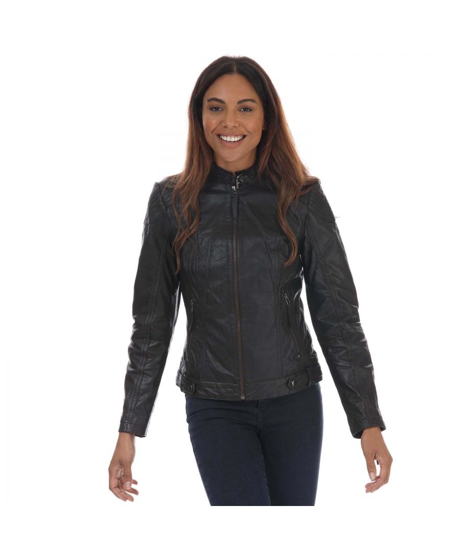 Womens Elle Annette Leather Jacket in brown.- Collar with buckle.- Long sleeves with zipped cuffs.- Leather zip pulls.- Front zipped pockets.- Fully lined.- Lining: 100% Polyester.- Ref: ANNETTE1783