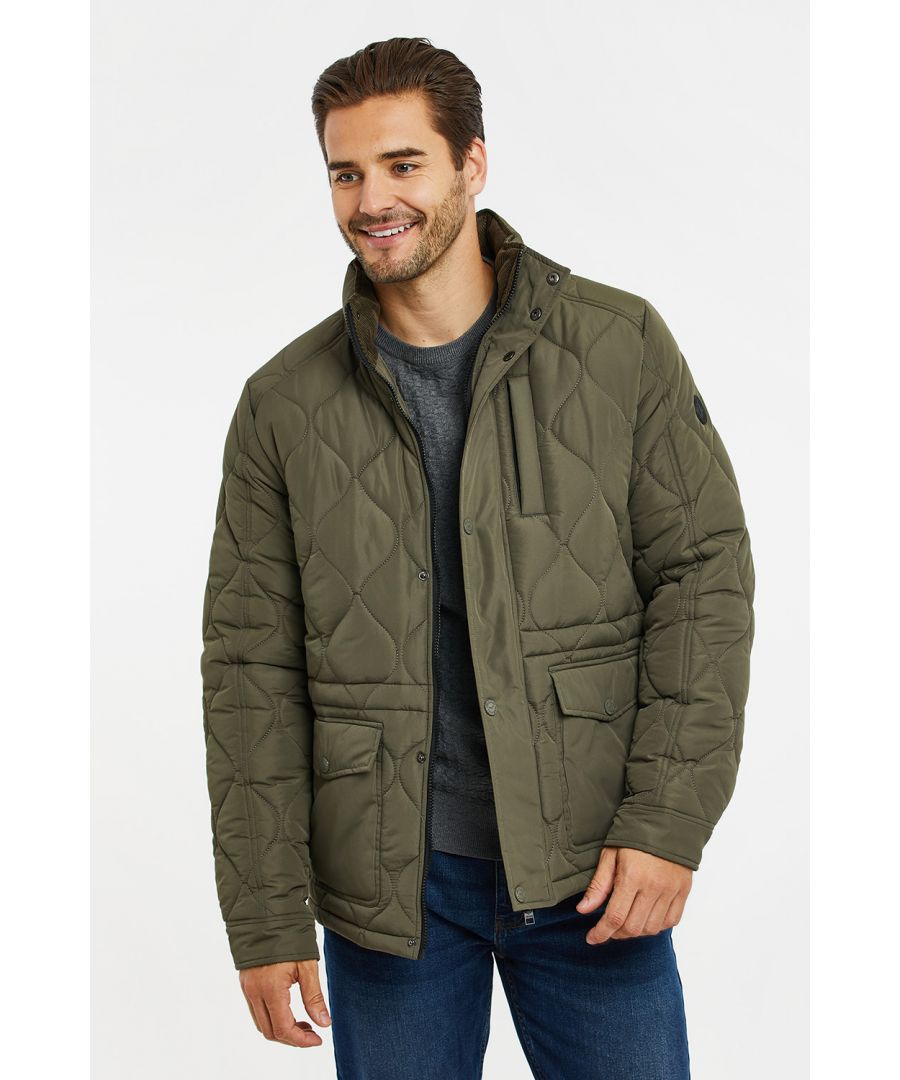 Update your outerwear with this onion quilted jacket from Threadbare. It features Threadbare branding on the arm, two snap fastening front pockets, a chest pocket and an internal phone size pocket. This style has a funnel neck, zip fastening with storm guard and adjustable sleeve cuffs and waist. Other colours available.