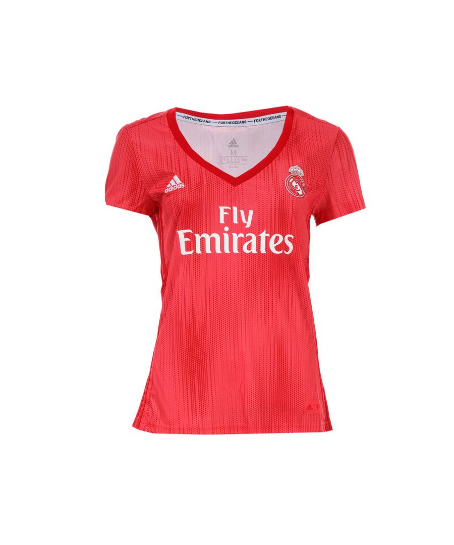 Womens Adidas Real Madrid SS Third Shirt 2018-19 in Coral.- 3D printed Club logo on the left chest- Brand logo on the right side of the chest- Classic Adidas stripes on the sides - Ribbed V-neck- Double knit material- 100% polyester (recycled)- Ref: DP5448