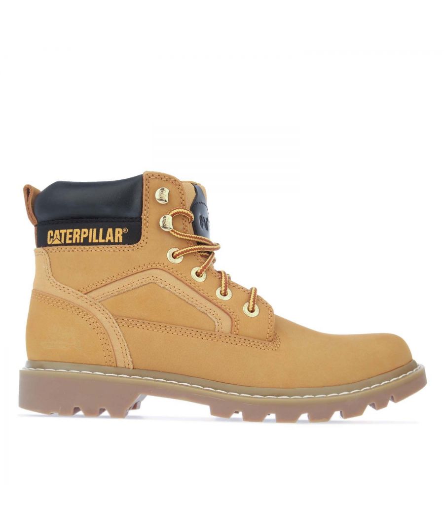 Mens Caterpillar Stickshift Boot in honey.- Nubuck leather upper.- Lace up fastening.- Branding to the tongue and side.- Embossed and woven tab branding. - Heel pull.- Cushioned midsole. - Wide fit.- Stitched-on rugged gum rubber sole.- Leather upper  Textile lining  Synthetic sole.- Ref: P712704