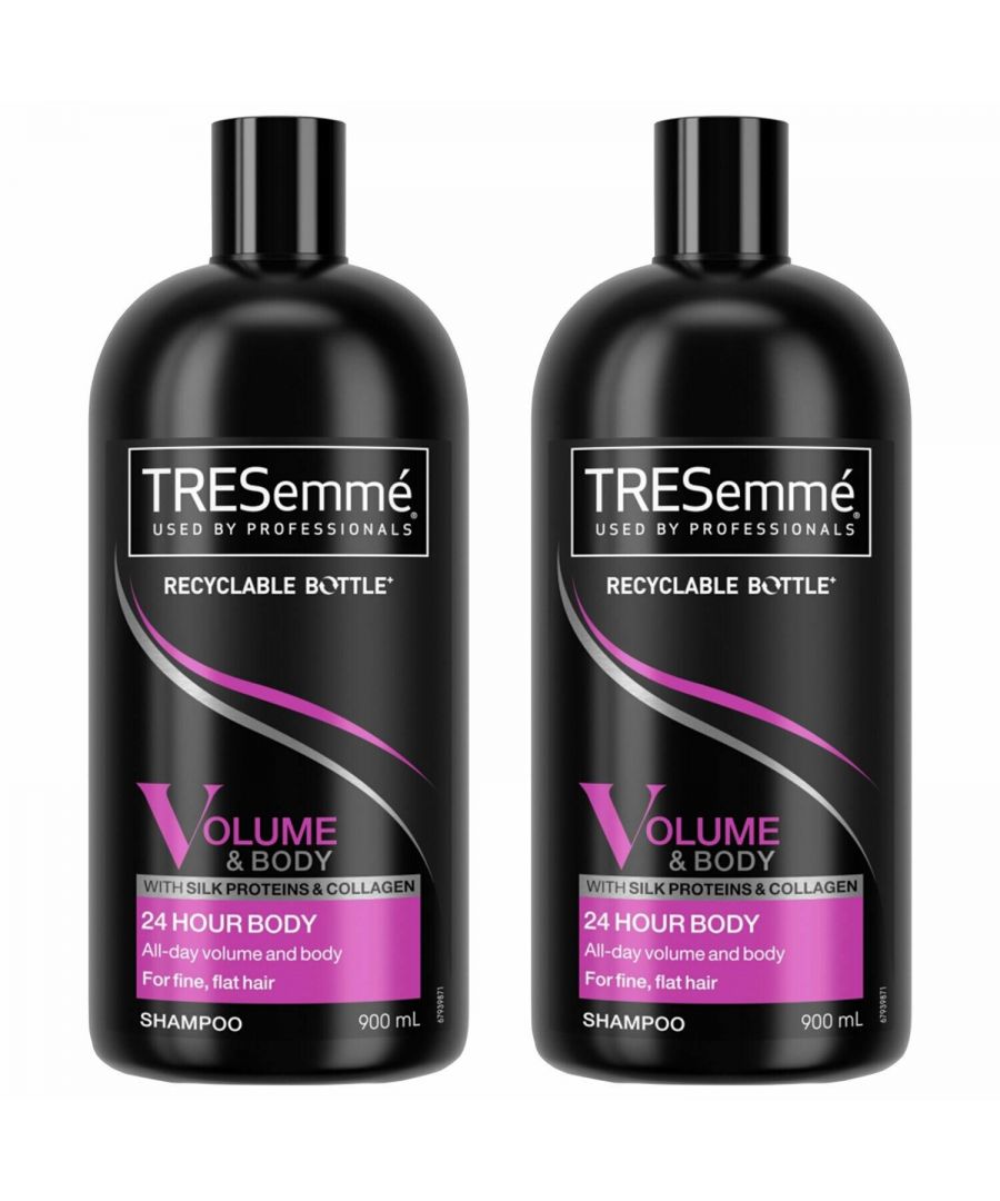 TRESemme 24-Hour Body Shampoo volumizes your hair, giving it a perfect boost for a gorgeous, healthy body.\nMake a statement this season with voluptuous, voluminous styles that last and last with the 24-Hour Body Collection from TRESemme. Formulated with a unique Volume Control Complex, the 24 Hour Body Collection of hair care is specifically designed to lift, plump, and boost the body, particularly for fine, flat, or limp hair types, without adding weight.\n \nTo create and maintain head-turning high styles use the 24 Hour Body shampoo followed by the 24 Hour Body conditioner, enriched with Collagen, Silk Proteins, and the TRESemme Volume Control Complex to help build an all-day-long lift and shield the style from humidity.  The shampoo is effective at removing product build-up yet gentle enough for everyday use, whilst the conditioner smoothes and replenishes to make hair manageable but without weighing it down.  \n\nFeatures:\n\nLet your hair bounce back, bold and full\nThe volumizing shampoo gives a big body and holds, letting you achieve all the dramatic styles you desire\nMade with a volume control complex and silk protein\nHelp keep your hair from falling flat while providing an ideal level of conditioning\nFormulated to be light enough for daily use\n\nIngredients: Aqua (Water), SodiumLaureth Sulfate, Cocamidopropyl Betaine, Sodium Chloride, Citric Acid, Collagen, Disodium EDTA, Isopropyl Alcohol, Parfum (Fragrance), Polyquaternium-10, PPG-6, PVP, Silk Amino Acids, Sodium Acetate, Sodium Benzoate, Sodium Hydroxide, VP/Methacrylamide/Vinyl Imidazole Copolymer, Benzyl Alcohol, Butylphenyl Methylpropional, Geraniol, Hexyl Cinnamal, Limonene, Linalool.\n\nBox Contains: 2x Tresemme 24H Volume & Body Shampoo, 900ml