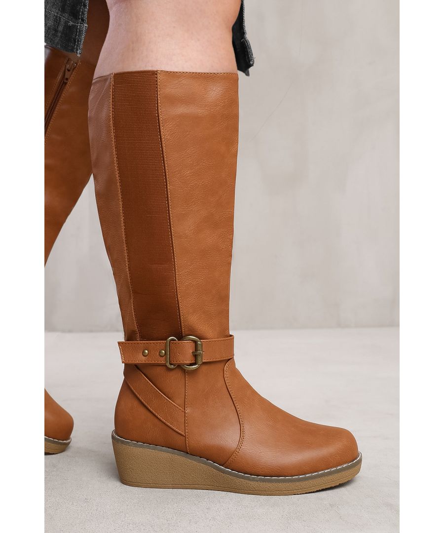 Wheres That From Wheres Womens Ayleen Wide Calf Wedge Heel Knee High Boots With Elastic Panel - Tan - Size 7 Wide Fit (UK Shoe) - Secret Sales