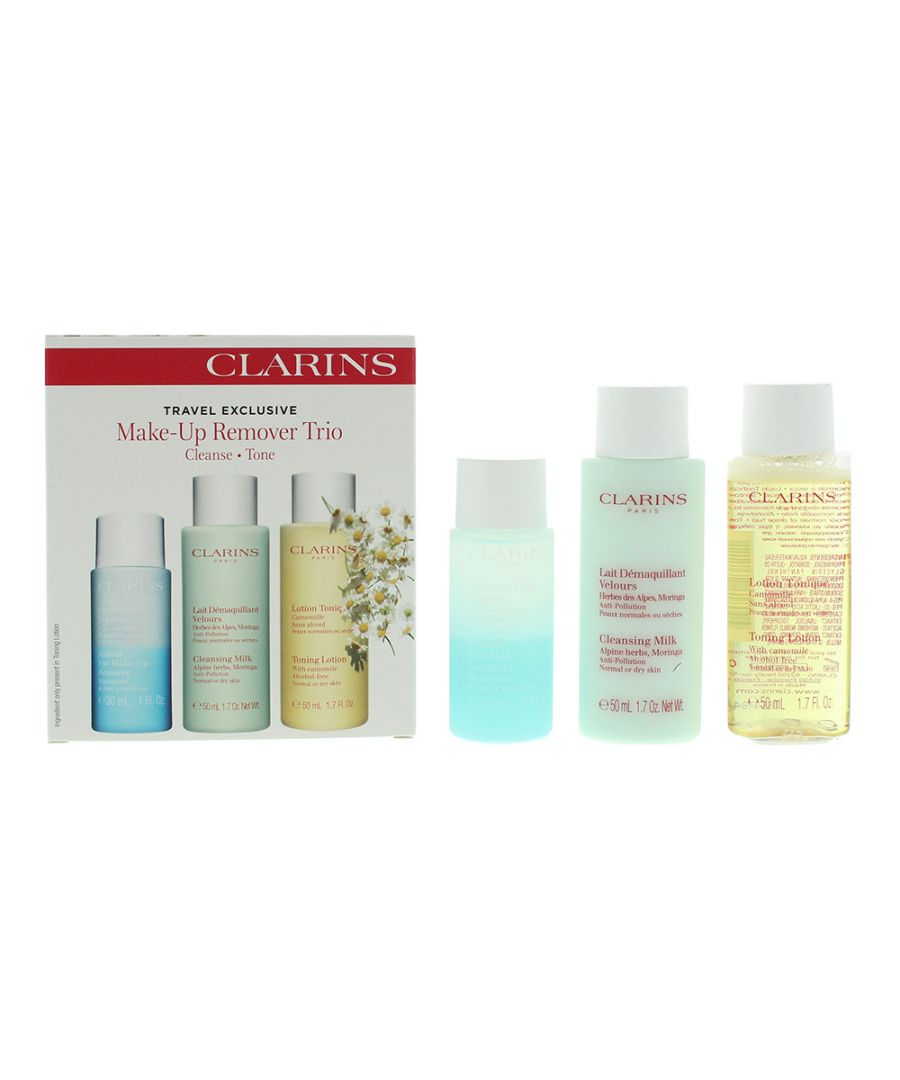 Clarins travel set is for Normal to Dry skin types and includes a creamy cleansing milk that will gently remove make- up leaving your skin hydrated.  A refreshing toner that will restore the skins natural balance. The set also includes Clarins Instant Eye Make-up remover which removes impurities and even waterproof make-up. This soothes the eye area and strengthens eye lashes.