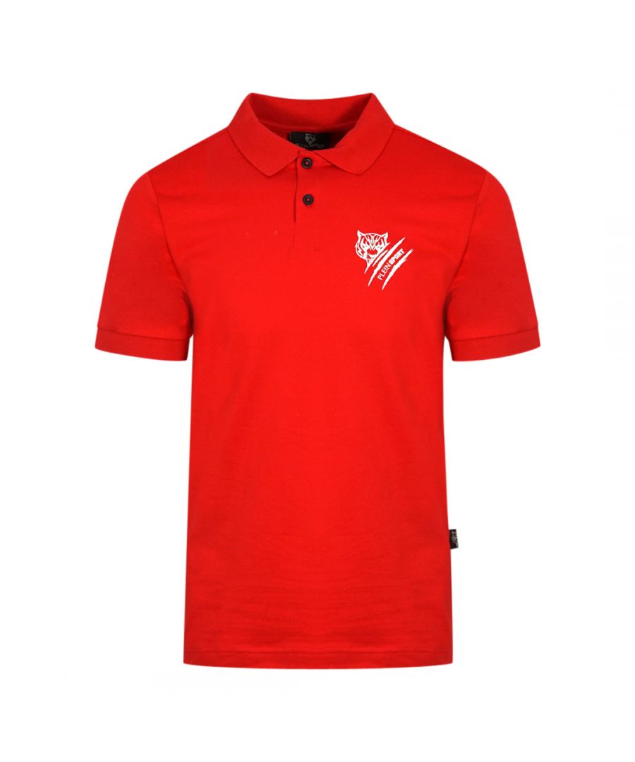 Plein Sport Tiger Slash Logo rood poloshirt. Philipp Plein Sport rood poloshirt. Stretch pasvorm 95% katoen, 5% elastaan. Knoopsluiting. Badges met Plein-merk. Stijlcode: PIPS1200 52