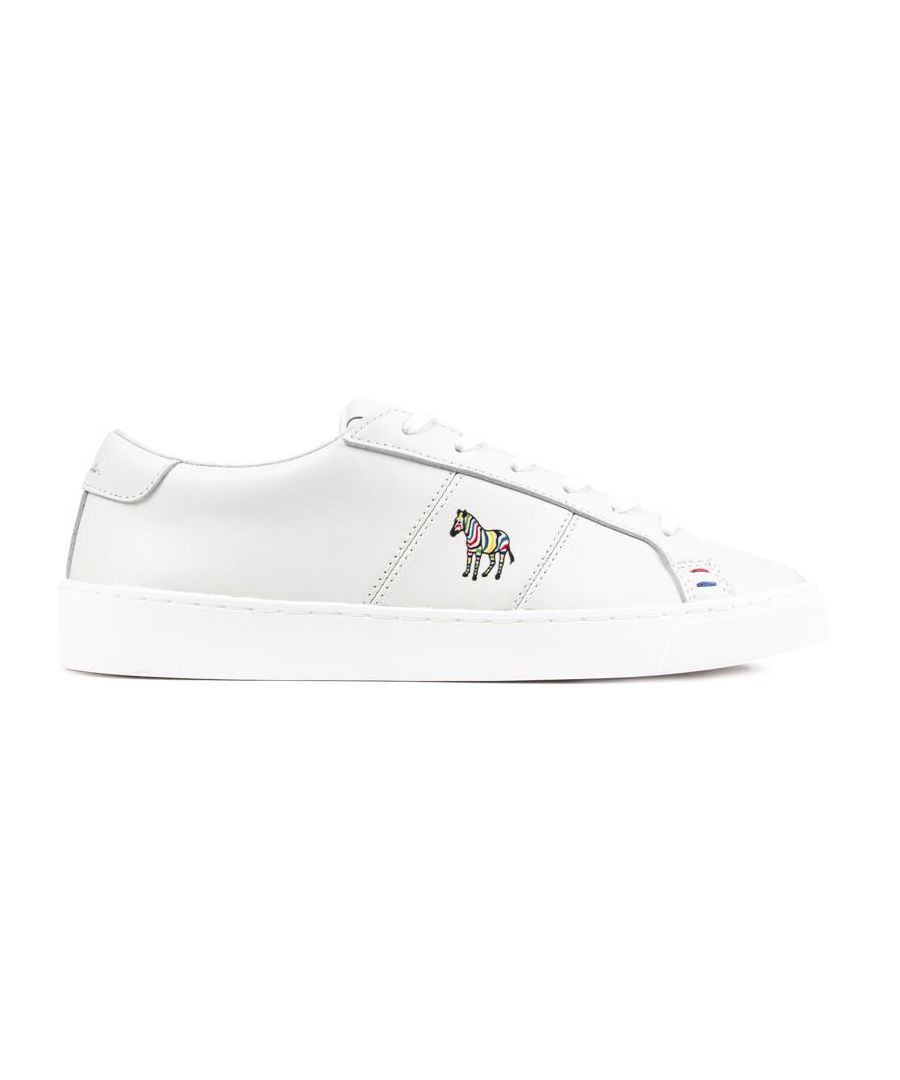 Men's White Paul Smith Zach Lace-up Trainers With Smooth Leather Upper Featuring Iconic Zebra Logo With Rainbow Stripes, And Embossed White Branding To The Heel Pad. These Premium Monochrome Sneakers Have Invisible Eyelets, A Cushioned Footbed, And Branded Rubber Sole.