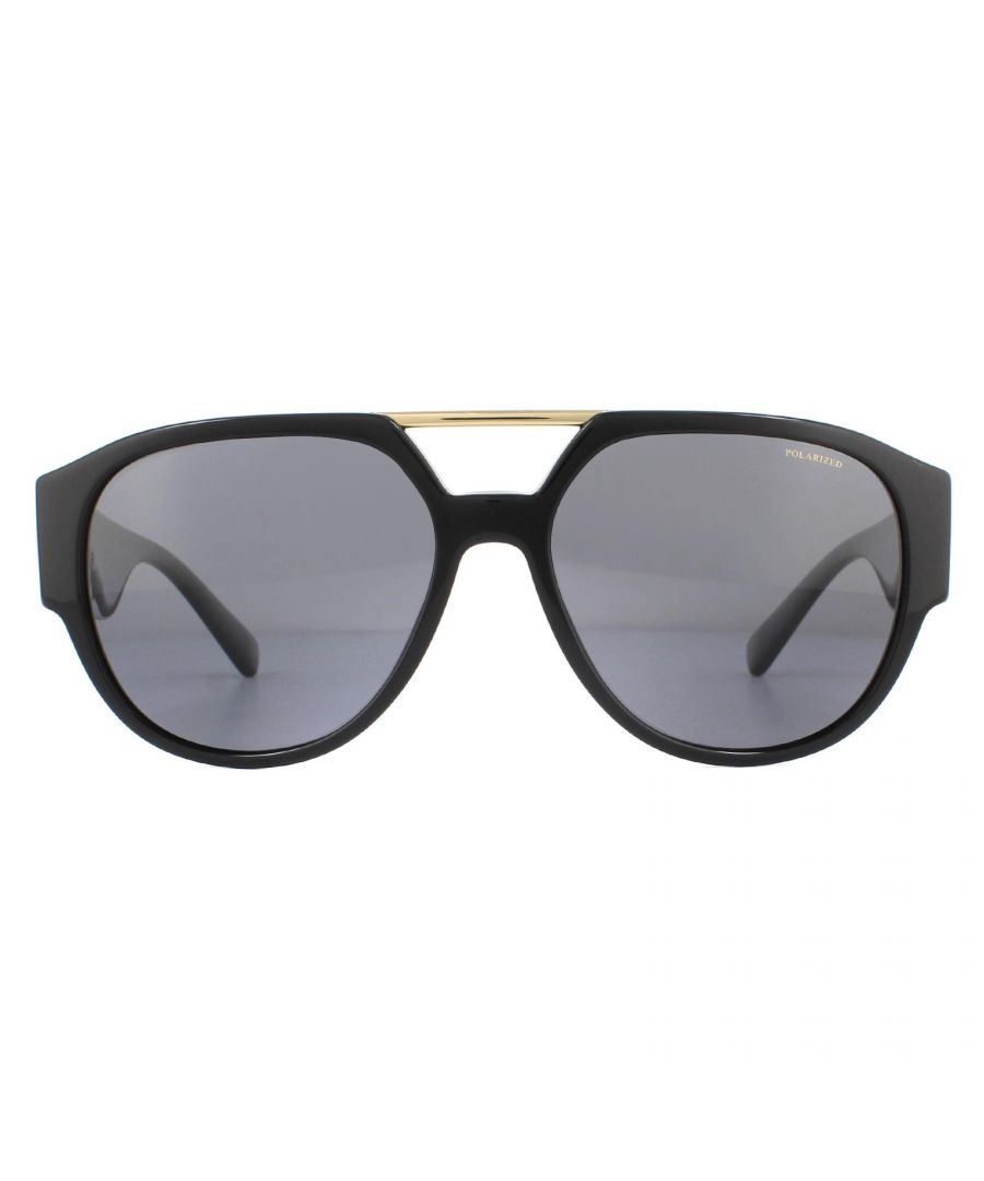 Versace Sunglasses VE4371 GB1/81 Black Dark Grey Polarized are a really stand-out style with this truly unique Medusa head logo design to the temples and matching metal top bridge bara for that cool double bridge look on this modern aviator style.